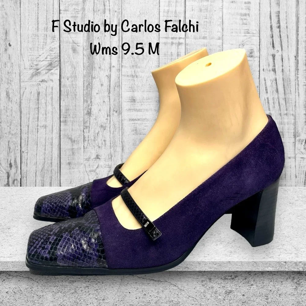 F Studio Carlos Falchi Womens Purple Suede Snakeskin Square Toe Heel Size 9.5 - Picture 1 of 12